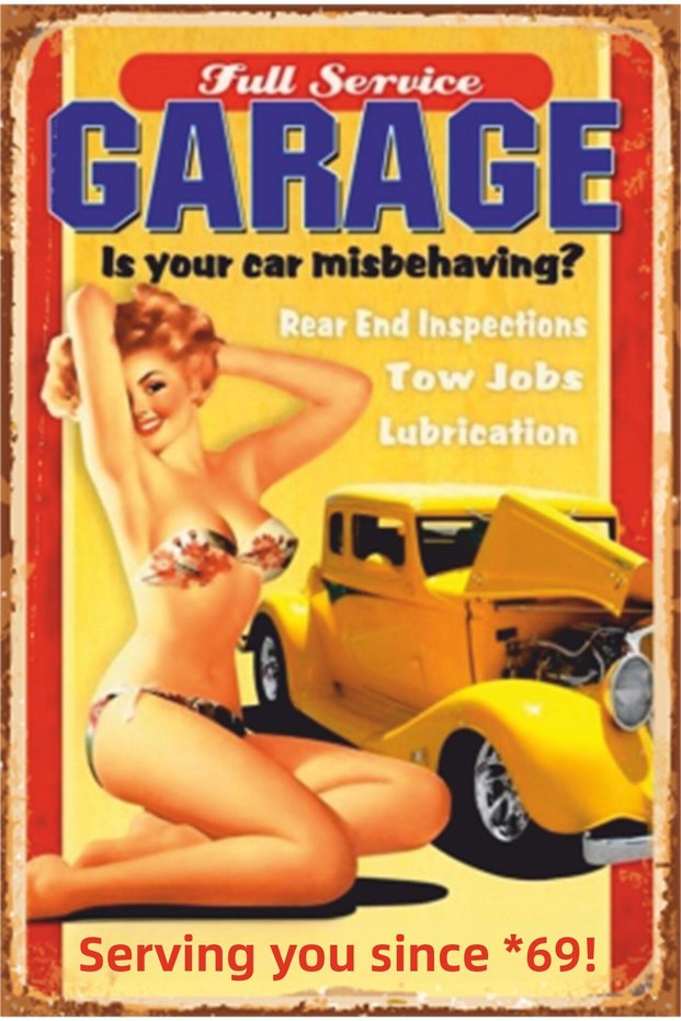 Pin up Girl Classic Car Garage Retro Wood Poster