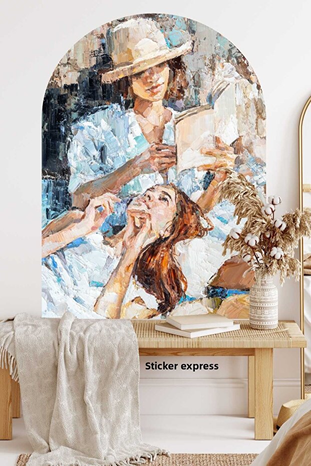 Oil Paint Woman Reading a Book Portrait Decorative Arch Oval Wall Sticker