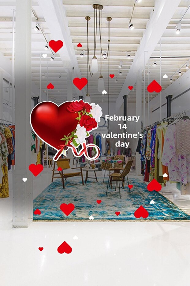 White Red Rose on Heart Valentine's Day Glass Showcase Room Sticker 70cm