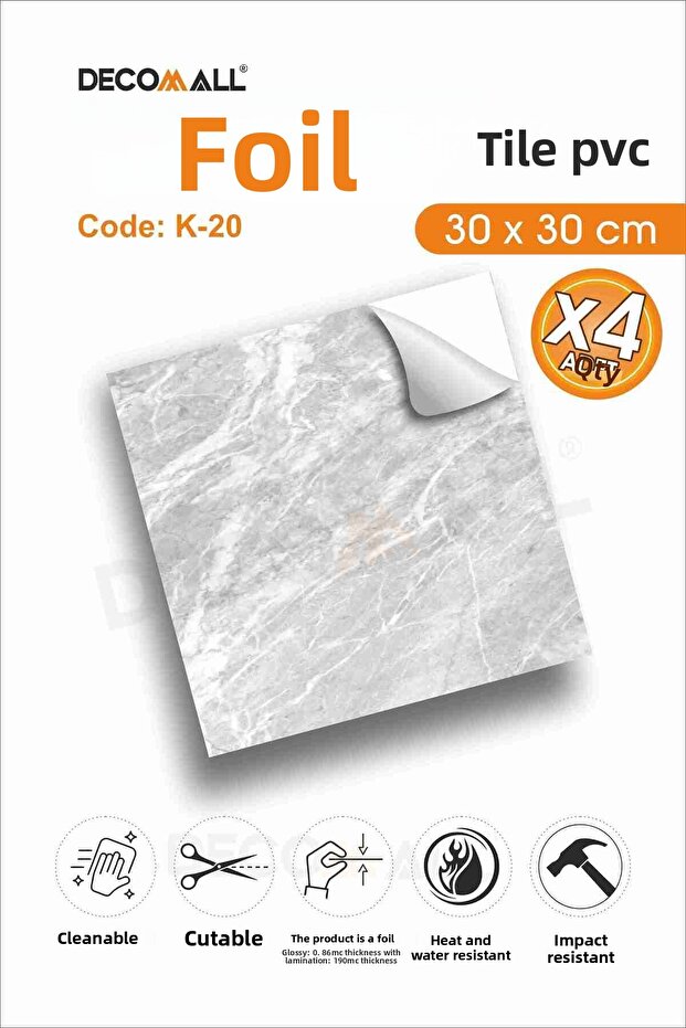 CodeK-20 بلاط رقائق ذاتي اللصق مقاوم للماء لأرضية المطبخ والحمام مقاس 30 × 30 سم (4 قطع)