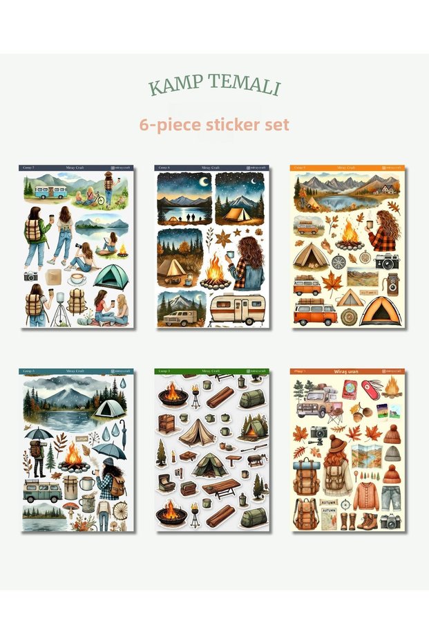 Set of 6 Camping Themed Stickers – 12X17 cm | Custom for Bullet Journal, Scrapbook, Agenda and Planner