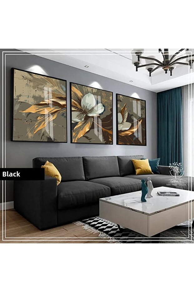 Amazing | Black&Gold Set Flower Combination (Artistic) | Framed Glass Table 3 Pieces Vertical