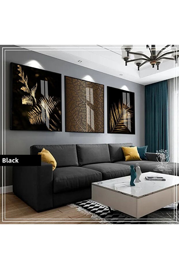 هاريكابيريف | مجموعة BLACK&GOLD مجموعة أوراق ماكرو | طاولة زجاجية بإطار 3 قطع عمودية