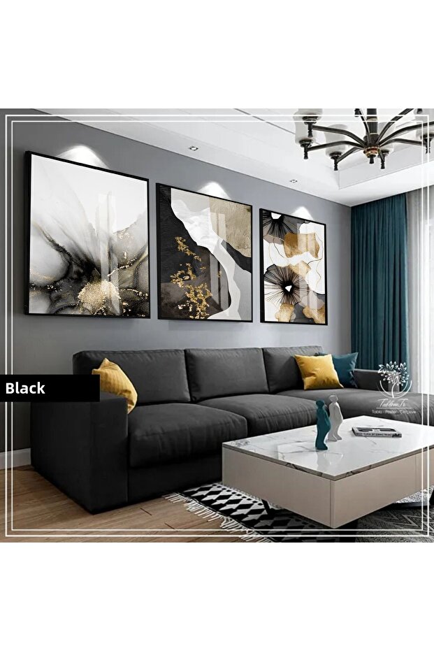 هاريكابيريف | مجموعة BLACK&GOLD منقوشة بالزهور | طاولة زجاجية بإطار 3 قطع عمودية