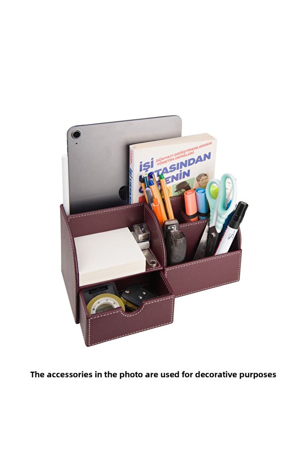 Desktop Organizer, Pen Holder, Remote Control, Cube Notepad Holder, Tablet Holder, Bookshelf, 6 Compartments, Drawer, Claret Red - 3