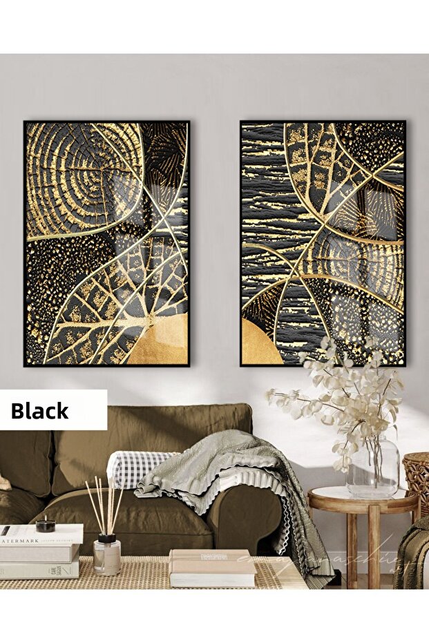 Amazing | Ethnic Pattern Black&Gold Set Modern Combination | Framed Glass Table 2 Pieces Vertical