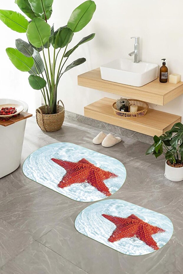 3D Printed Non-Slip Base Washable Oval Bath Mat Set of 2 Toilet Seat Covers