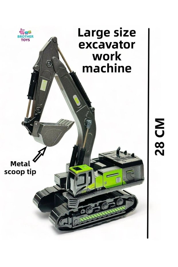 Toy Excavator Engineering Vehicle Large Size 28 Cm. Green Color Scoop Construction Machinery Metal Tip