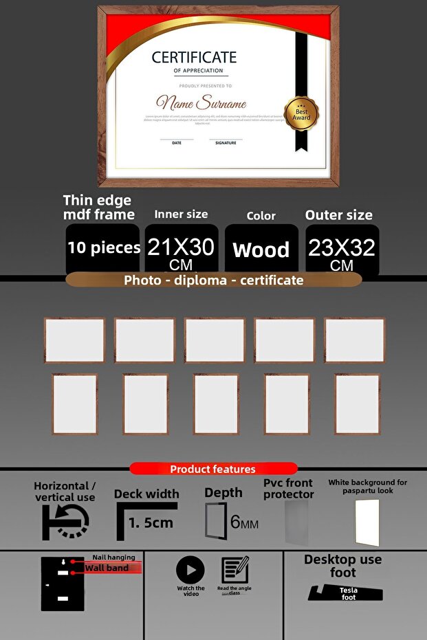 10 قطع إطار 21x30 - إطار A4 ذو شرائح رفيعة - إطار خشبي - إطار شهادة الصور