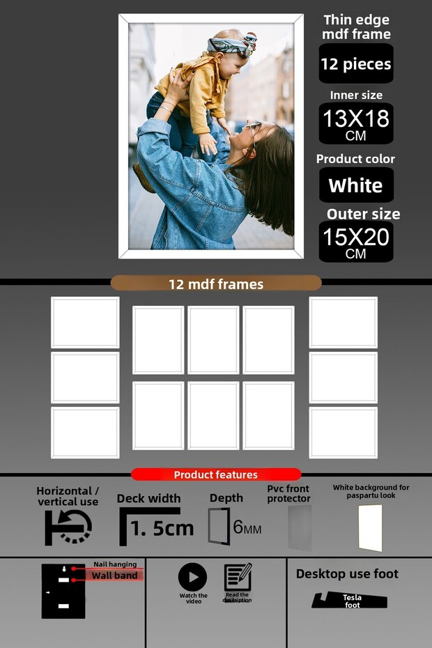 12 قطعة إطار 13x18 - إطار شرائح رفيع - إطار أبيض - إطار 6 مم - إطار صور