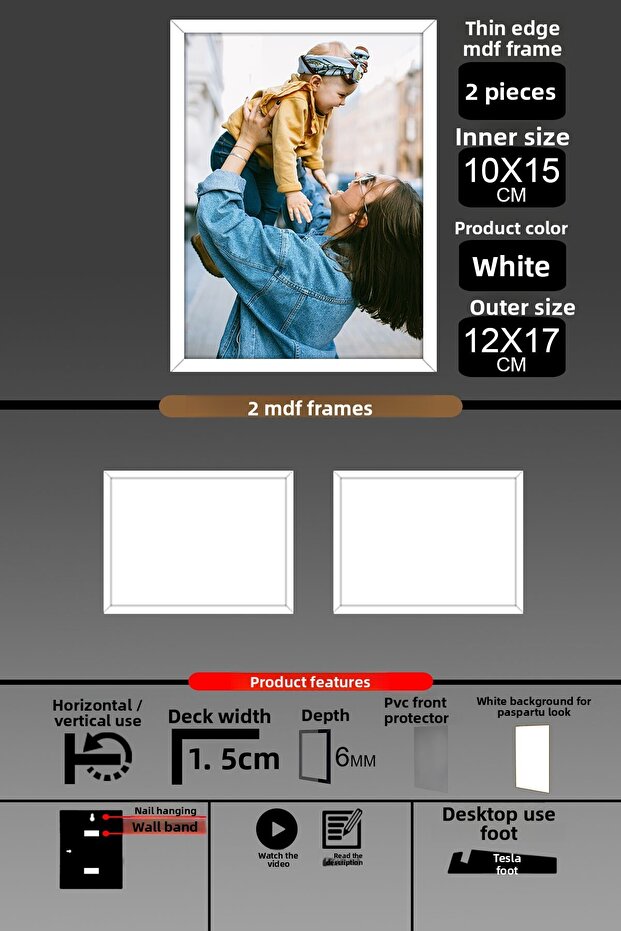 2 قطعة إطار 10x15 - إطار شرائح رفيع - إطار أبيض - إطار 6 مم - إطار صور