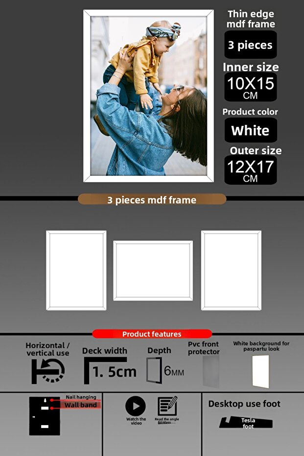 3 قطع إطار 10x15 - إطار شرائح رفيع - إطار أبيض - إطار 6 مم - إطار صورة