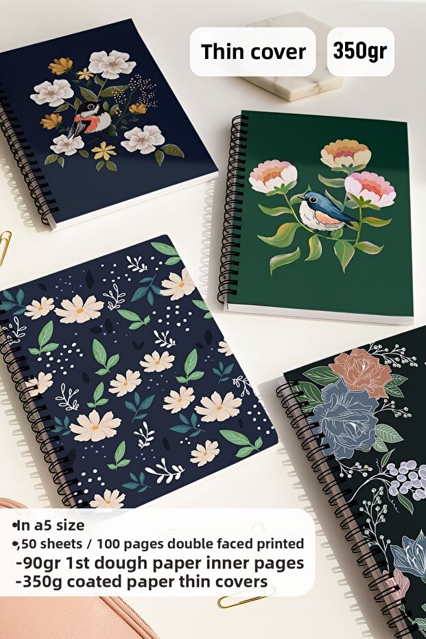 School Notebook Set with Spiral Dots, A5 Size 50 Sheets 100 Sheets Set of 4, Set with Birds - 2