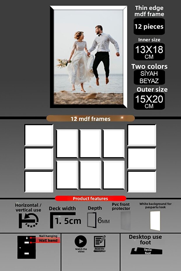 12 قطعة إطار 13x18 - إطار شرائح رفيع - لونين أسود وأبيض - إطار صور بإطار 6 مم