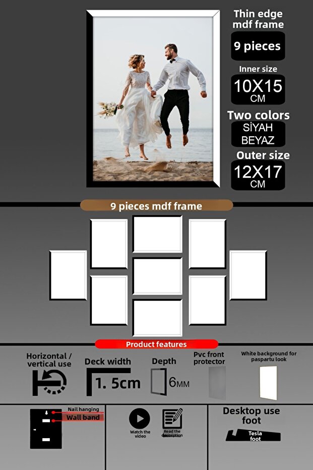 9 قطع إطار 10x15 - إطار شرائح رفيع - لونين أسود وأبيض - إطار صور بإطار 6 مم