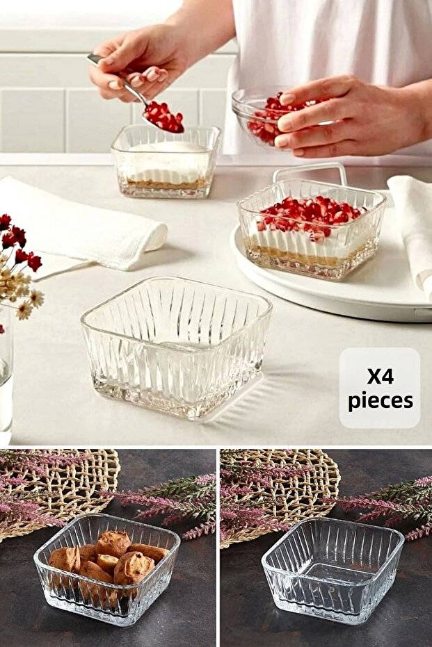 Set of 4 Square Glass Bowls Breakfast Storage Container 225Cc Kitchen Snack Bowl Sauce Bowl Glass Bowl Set
