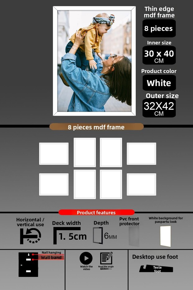 8 قطع إطار 30x40 - إطار A3 ذو شرائح رفيعة - إطار أبيض - 6 مم - إطار صور
