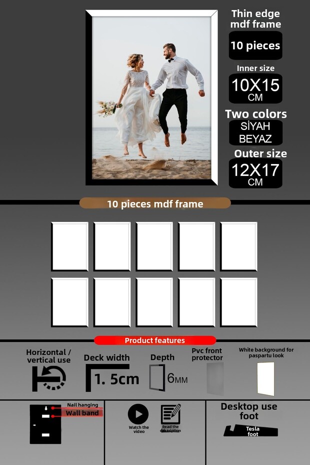 10 قطع إطار 10x15 - إطار شرائح رفيع - لونين أسود وأبيض - إطار صور بإطار 6 مم