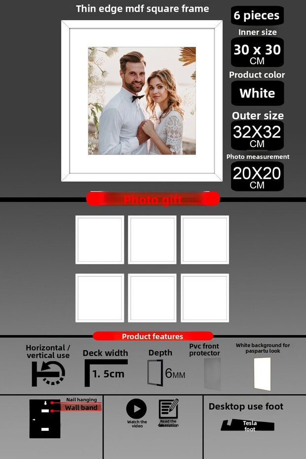 6 قطع إطار 30x30 - إطار شرائح رفيع - إطار أبيض - إطار مربع - إطار صور