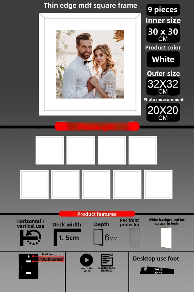 9 قطع بإطار 30x30 - إطار ذو شرائح رفيعة - إطار أبيض - إطار مربع - إطار صور