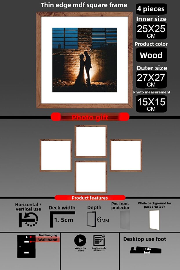 4 قطع إطار 25x25 - إطار شرائح رفيع - إطار خشبي - إطار مربع - إطار صور