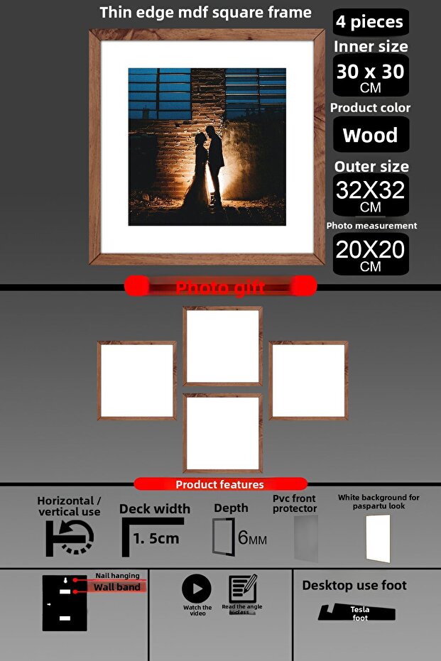 4 قطع إطار 30x30 - إطار شرائح رفيع - إطار خشبي - إطار مربع - إطار صور