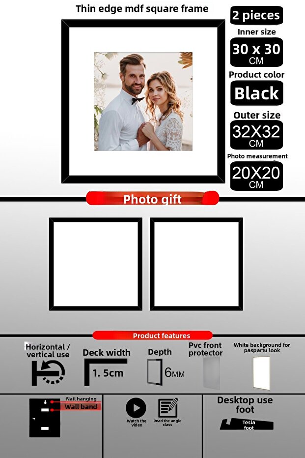 2 قطعة إطار 30x30 - إطار شرائح رفيع - إطار أسود - إطار مربع - إطار صورة