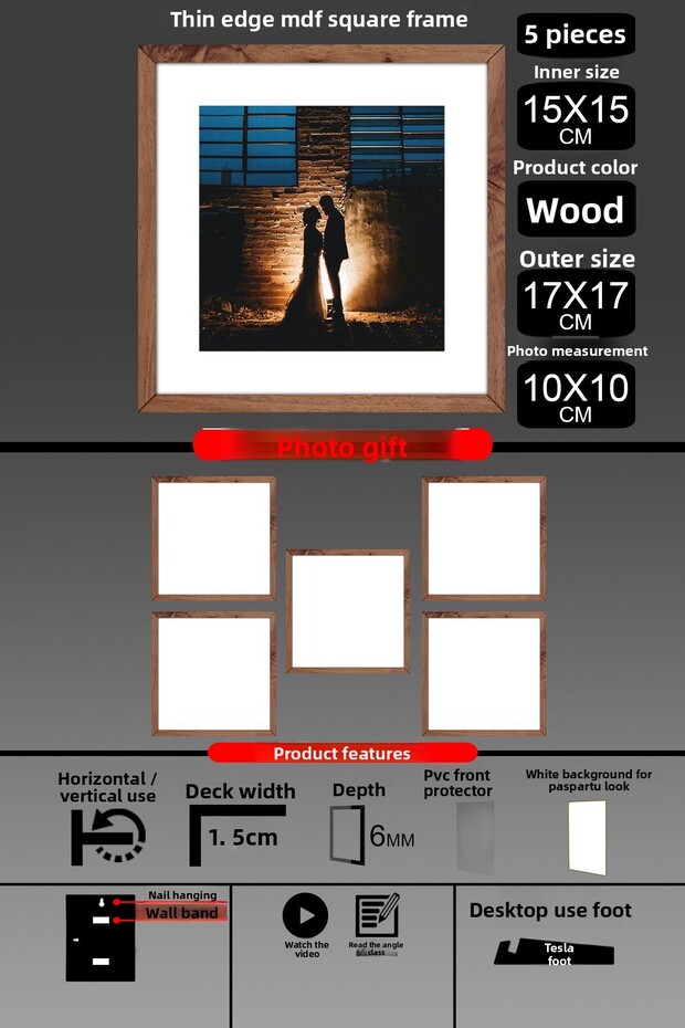 5 قطع إطار 15x15 - إطار شرائح رفيع - إطار خشبي - إطار مربع - إطار صور