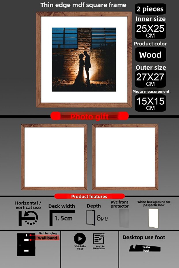 2 قطعة إطار 25x25 - إطار شرائح رفيع - إطار خشبي - إطار مربع - إطار صور