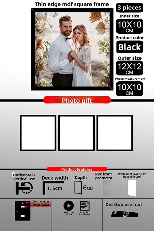 3 قطع إطار 10X10 - إطار شرائح رفيع - إطار أسود - إطار مربع - إطار صورة