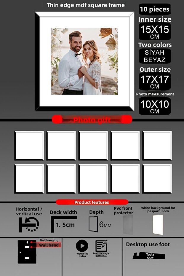 10 قطع بإطار 15 × 15 - إطار ذو شرائح رفيعة - لونان أسود وأبيض - إطار صور مربع