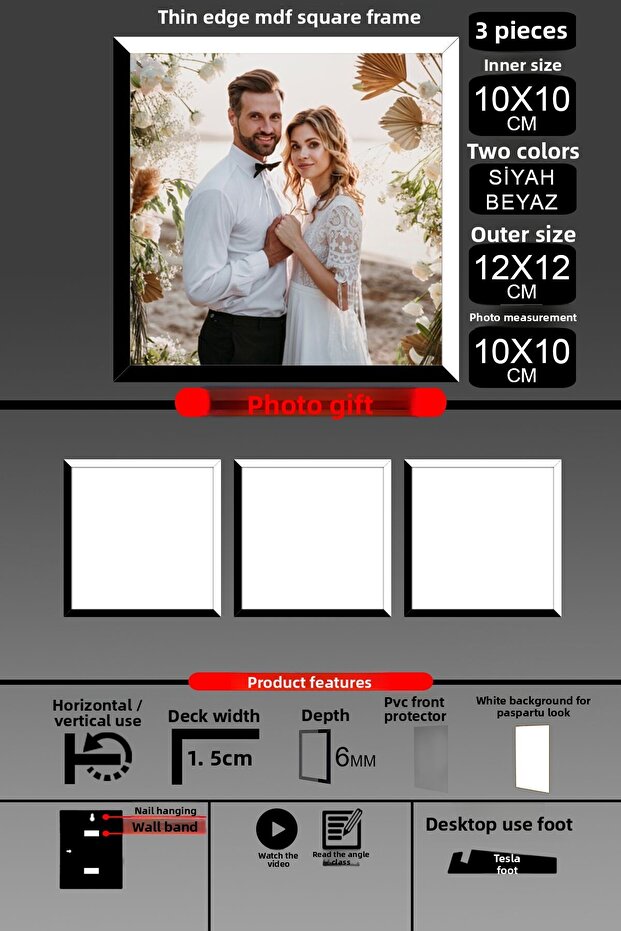 3 قطع إطار 10X10 - إطار شرائح رفيع - لونان أسود وأبيض - إطار صور مربع