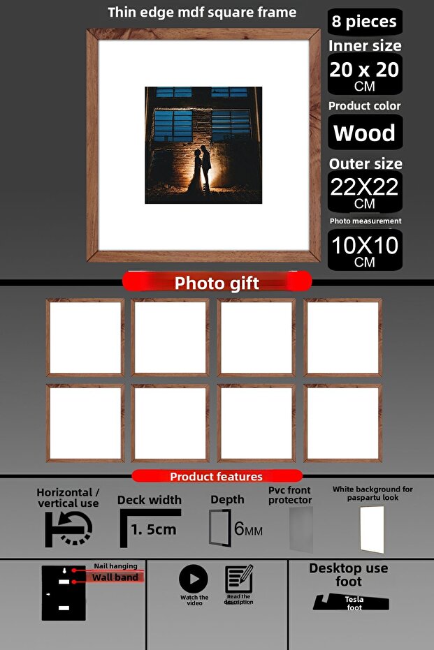 8 قطع بإطار 20x20 - إطار ذو شرائح رفيعة - إطار خشبي - إطار مربع - إطار صورة