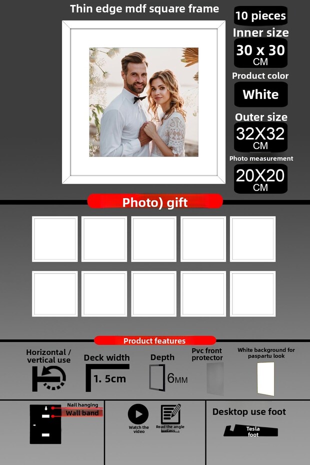10 قطع إطار 30x30 - إطار شرائح رفيع - إطار أبيض - إطار مربع - إطار صورة