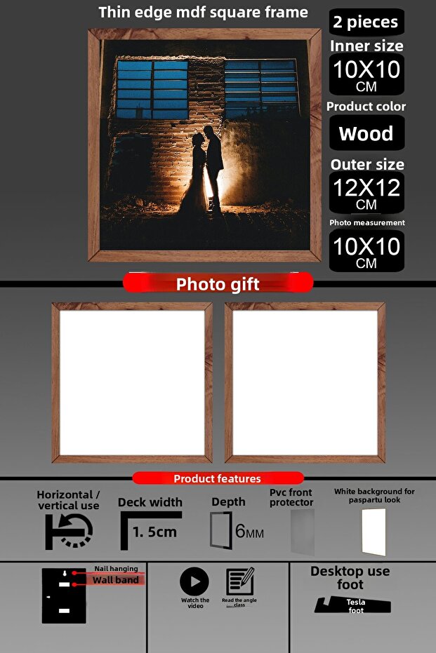2 قطعة إطار 10X10 - إطار شرائح رفيع - إطار خشبي - إطار مربع - إطار صور
