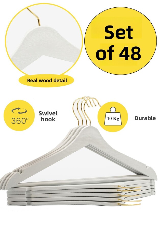 48 Pieces White Wooden Look Plastic Hanger Clothes Clothes Shirt Hanger with Gold Hook
