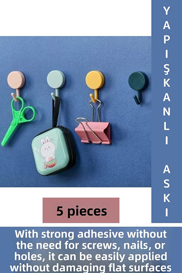 No Marks No Mounting Required Kitchen Bathroom Home Office Self Adhesive Colorful Wall Hanger 5Pcs