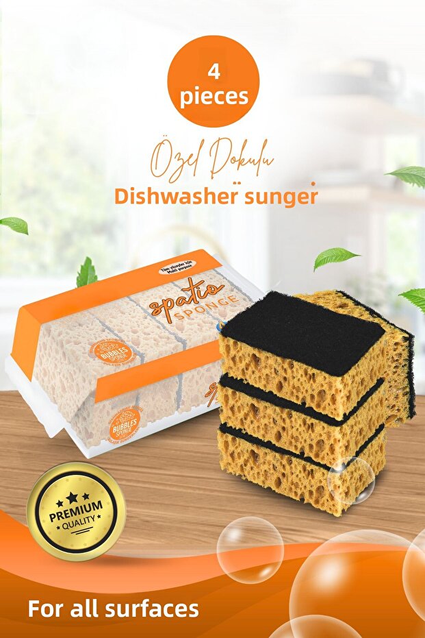 4 Pieces of Fiber Flat Dish Sponge – Special Textured, Durable Wide Pore Kitchen Sponge Set
