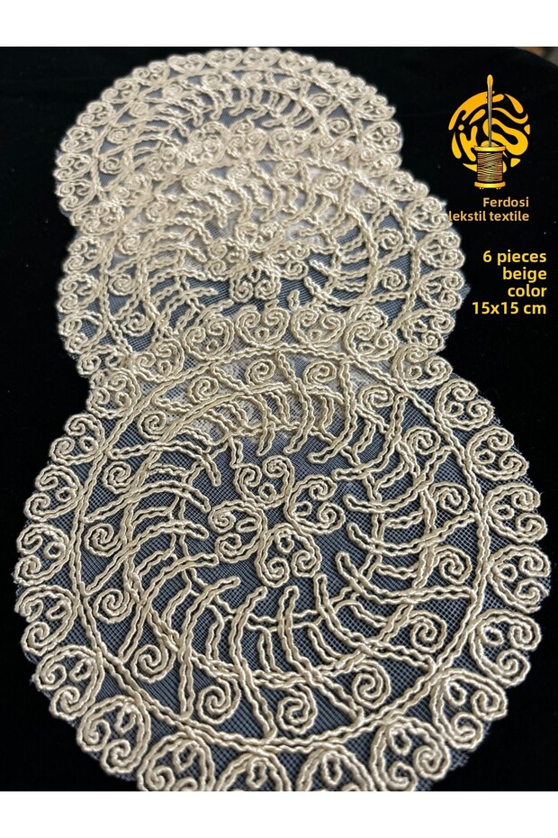 Flora Model Decorative Guipure Lace Set of 6 Coffee Cocktail Presentation Napkins Beige