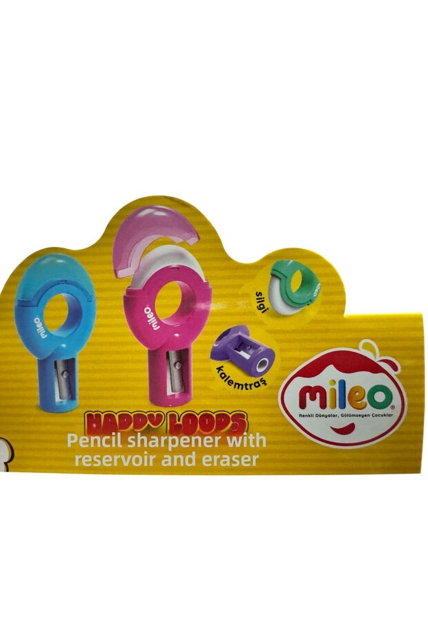 Mileo Happy Loops Pencil Sharpener, with Eraser, 4 Different Color Options - 7