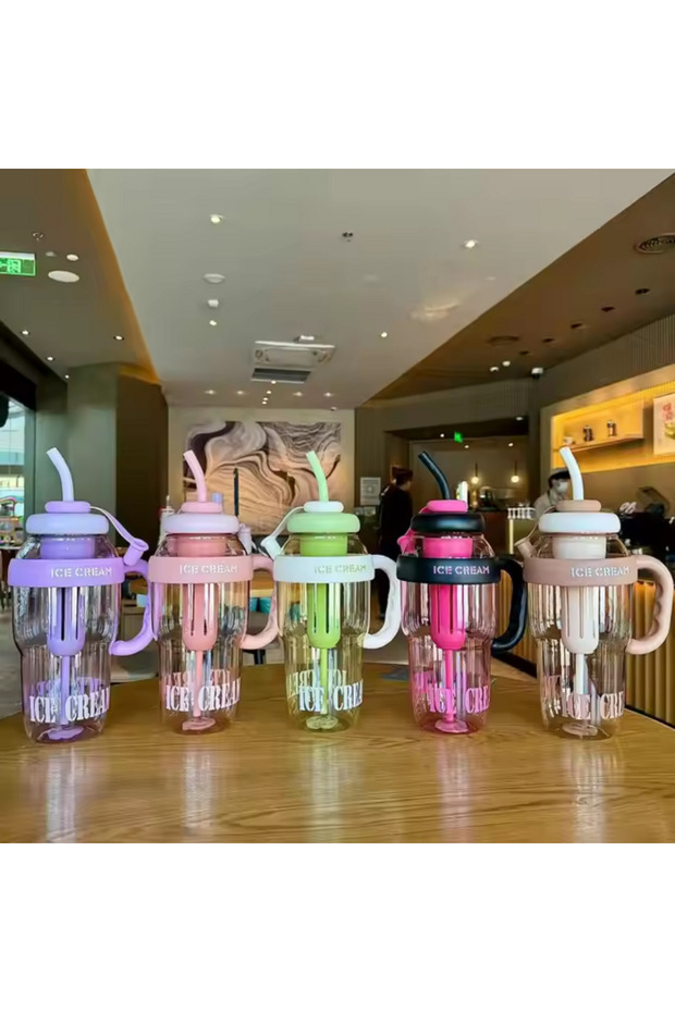 زجاجة مياه بتصميم آيس كريم مع مصاصة - سعة كبيرة 1.3 لتر، قارورة ملونة شفافة، غطاء مانع للتسرب - 6