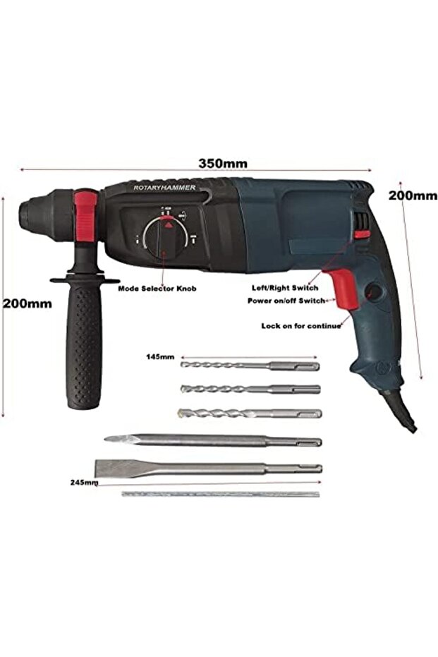 BOSS 2200W Rotary Hammer Drill machine with 3 Modes 3 Hammers Bits 2 Chisels - 4