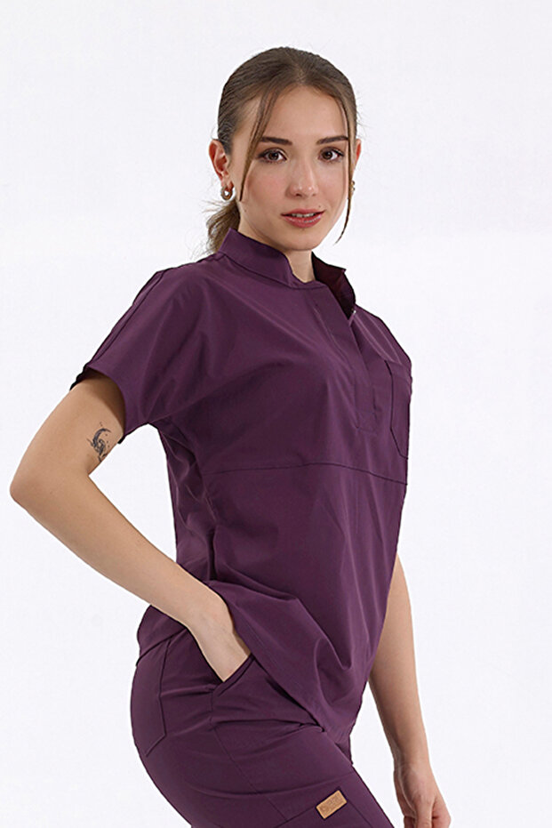 Single Top Snap-Button Stretch Fabric Mandarin Collar Doctor and Nurse Surgical Scrubs Plum | BRLSNAPS