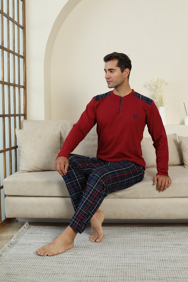 New Season Long Sleeve Collar Placket Three Button Trousers with Pockets Burgundy Color Plaid Men's Pajama Set