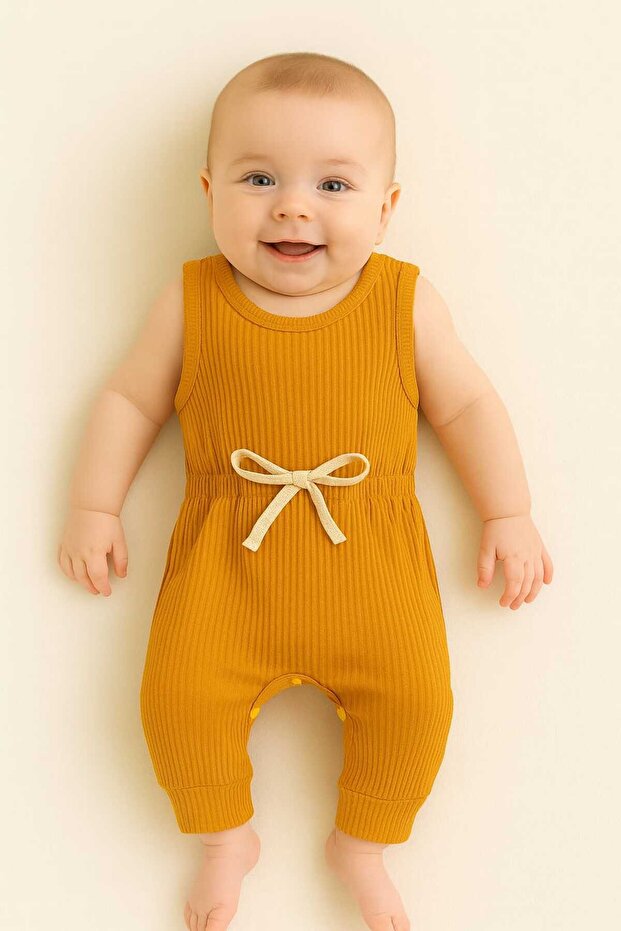 Baby Corded Waist Drawstring Jumpsuit Cotton Unisex
