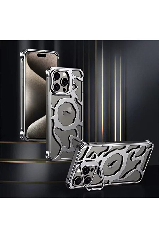 Phone Case for iPhone 16, Phone Holder Function, Cooling Function, Shockproof, Metallic, Silver - 2
