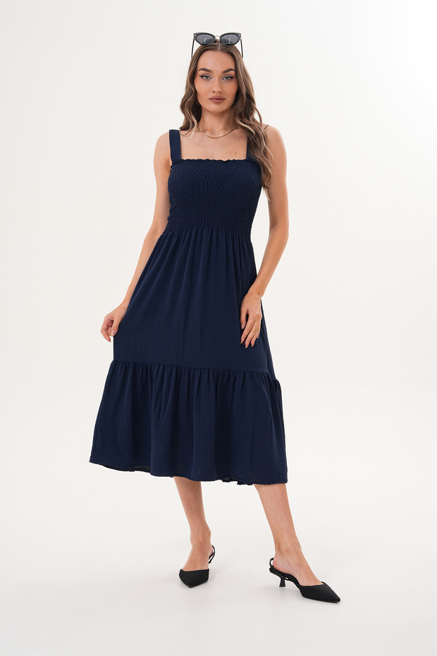 Navy Blue Strap Gipeli Layered Skirt Ruffled Long Casual Woven Dress