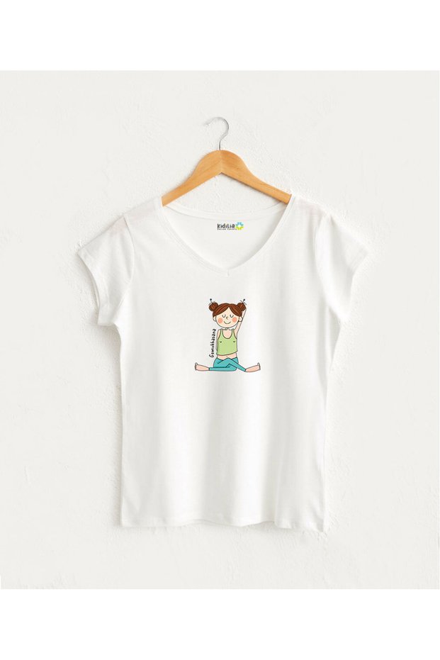 Gomukhasana Yoga Pose Line Visual Women's V-Neck 100% Cotton Design T-Shirt