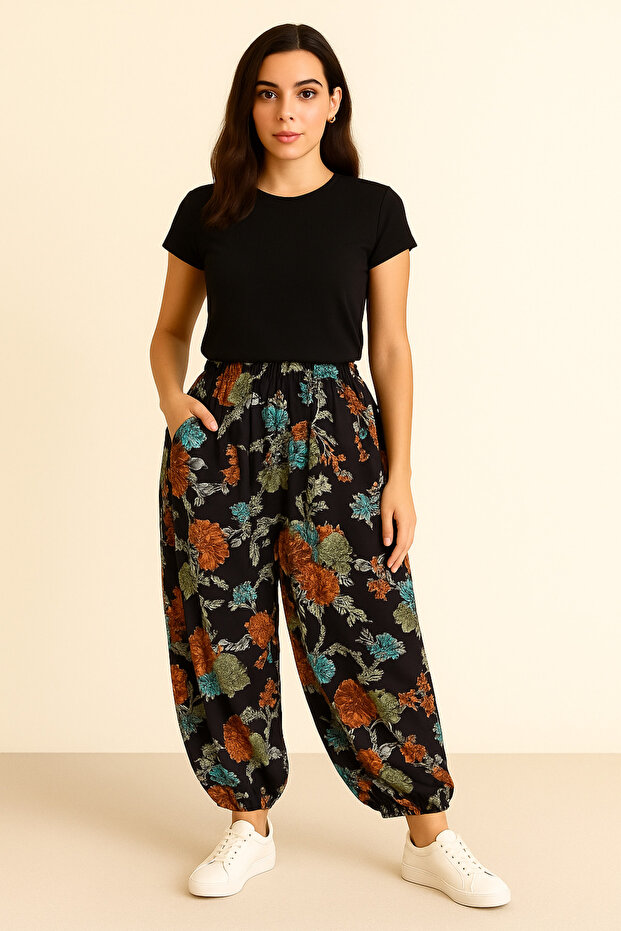 Genç Kız Lastikli Viskon Desenli Şalvar 13-25 Yaş - 1