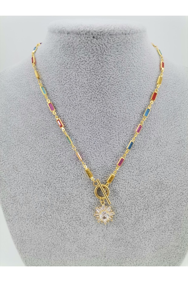 Special Series Colorful Zircon Stone End Pendant - Stylish Steel Necklace